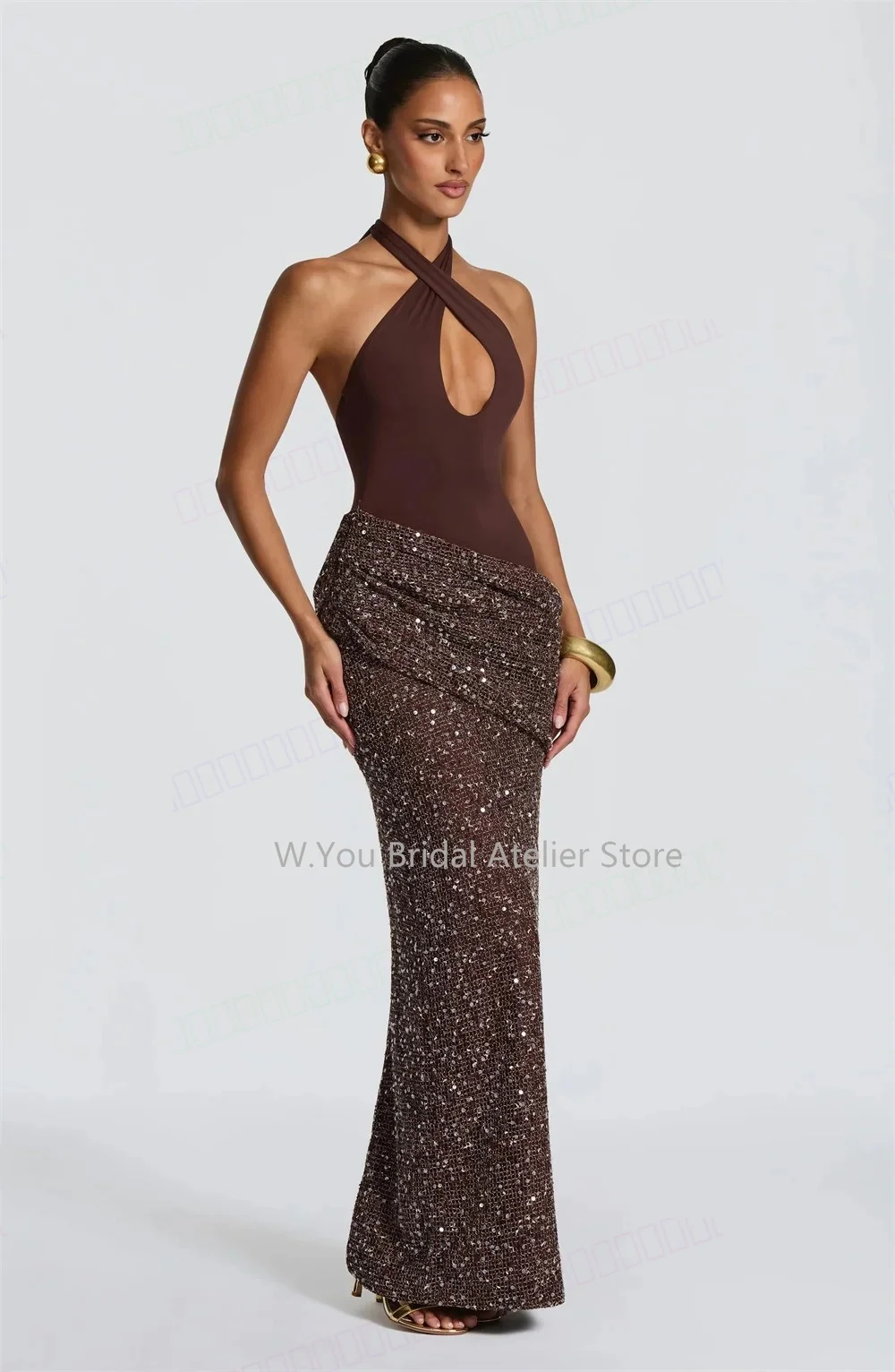 Evening Dresses Halter Neck Keyhole Cutout Back Tie Sequined Wrap Formal Gowns Mermaid Women’s Wedding Prom for Custom Made