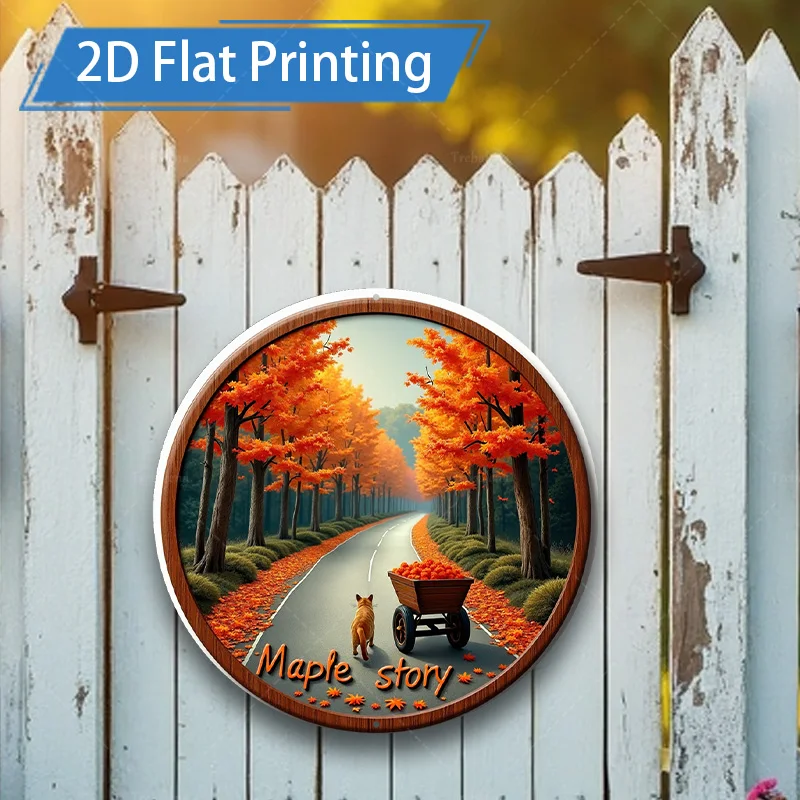 1pc 8x8inch Metal Sign "Autumn Maple Lane 2D Flat Printing Wall Art Decor"
