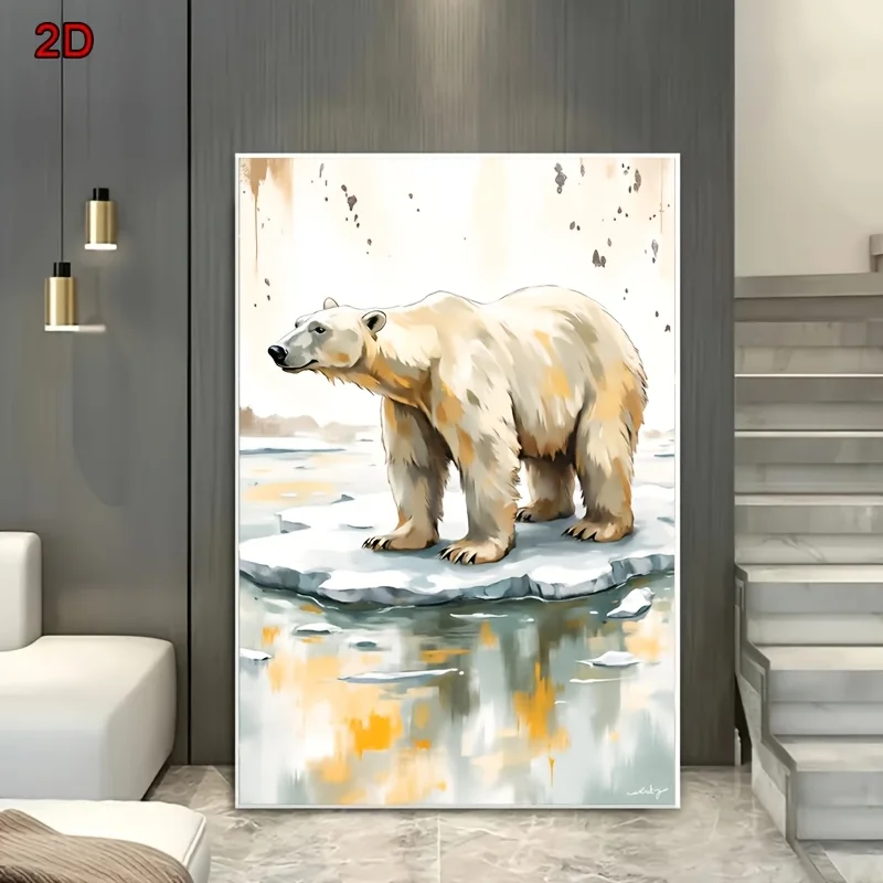Impresión plana 2D, arte en lienzo sin marco - Oso polar sobre hielo, escena ártica vintage con paisaje nevado, ideal para sala de estar, Be
