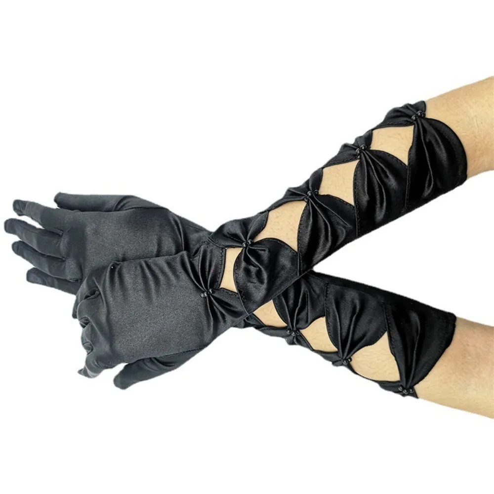 우아한 여성 긴 장갑 탄성 여성 봄 여름 전체 손가락 장갑 빈티지 새틴 웨딩 드레스 장갑 파티 용품