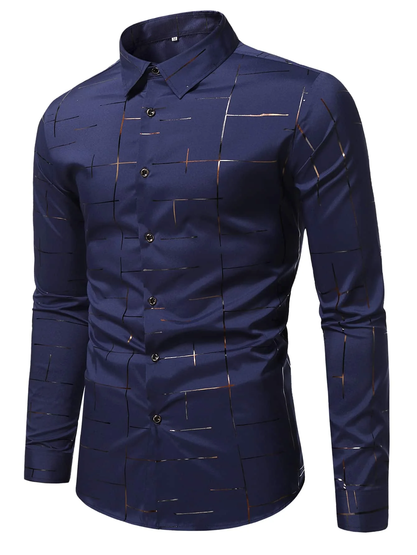

Navy Blue Long Sleeve Casual Shirt with Geometric Line Print, Slim Fit for Daily Wear