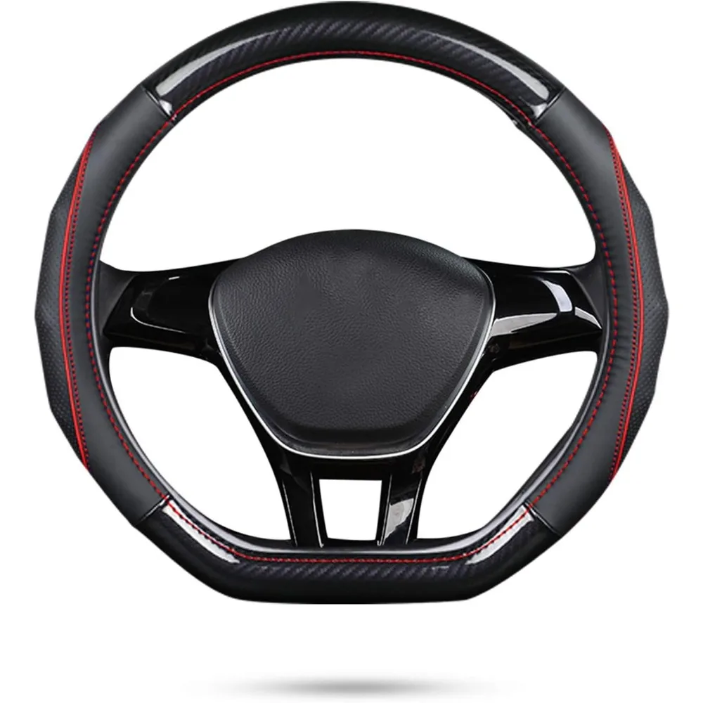 

Non-Slip D-Shape Steering Wheel Cover, Carbon Fiber & Cowhide, Universal Fit 38cm (15") for Enhanced Grip and Style