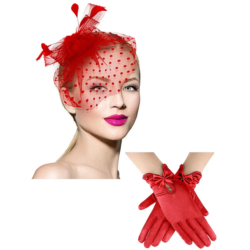 

Bowknot Fascinator Hat Tea Party Hat Feathers Veil Mesh Headband and Gloves