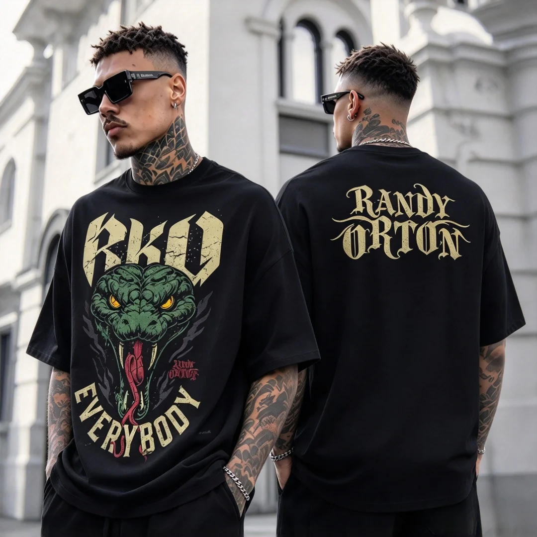 New Arrival RKO Snake Graphic T Shirt Double Sided Print Wrestling Sports Vintage Gothic Loose Unisex Punk Streetwear Short
