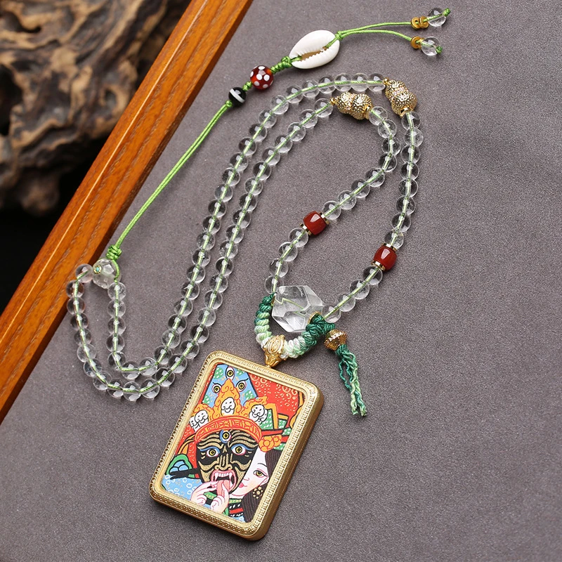 Hand-Painted Zaki Ram Past And Present Thangka Buddha Pendant Sweater Chain Agate White Necklace