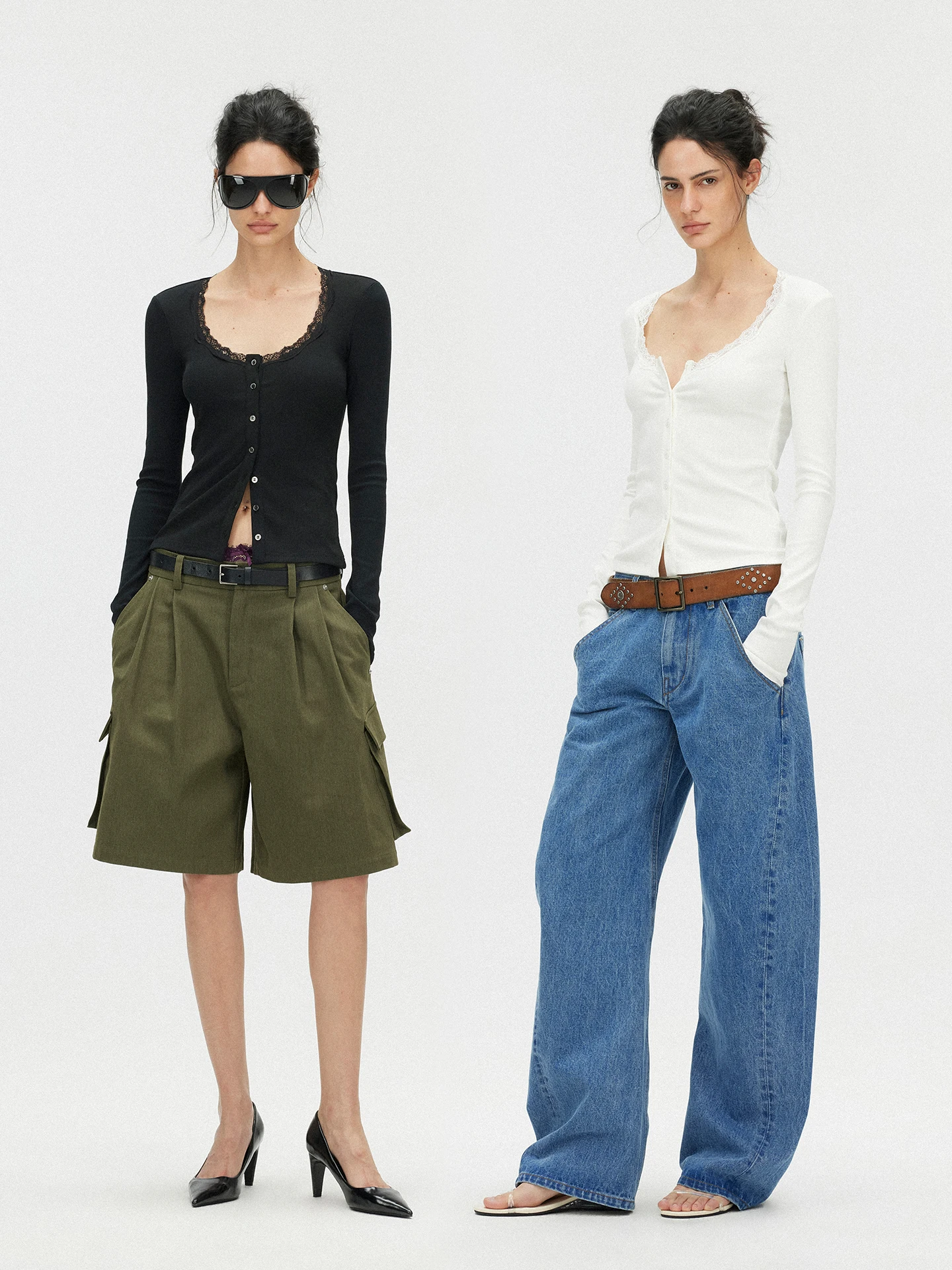 

Slim Fit Lace U-Ne Long Sve T-irt Elastic Rib Knit Open Front Cotton Blend Stretchy Women's Casual Top SAUMPLE STUDY SYMP