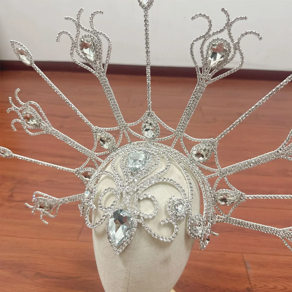 CUIER Huge Size Peacock Rhinestone Headpiece Hair Jewelry for Women Crystal Hat Accessories for Fashion Show