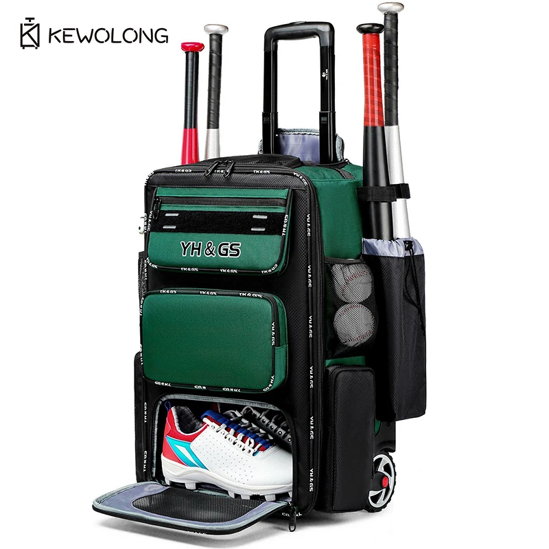 

Large Capacity Waterproof Rolling Baseball Equipment Bag, Heavy Duty Wheeled Gear Trolley for Bats Gloves Helmets Outdoor Travel