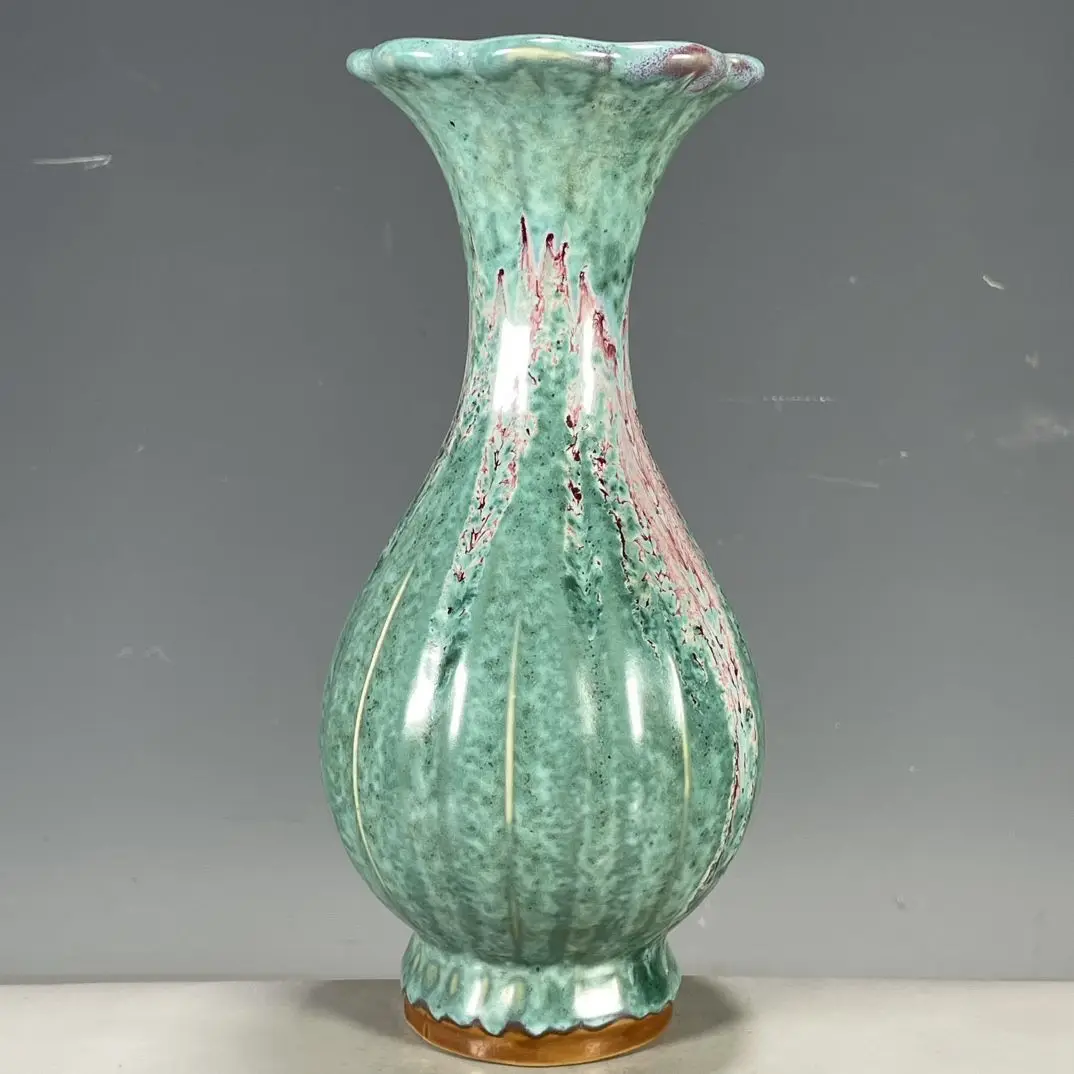 Replica Chinese-style antique porcelain, collectibles, Jun ware kiln-transformed glaze with red floral rim, decorative vase