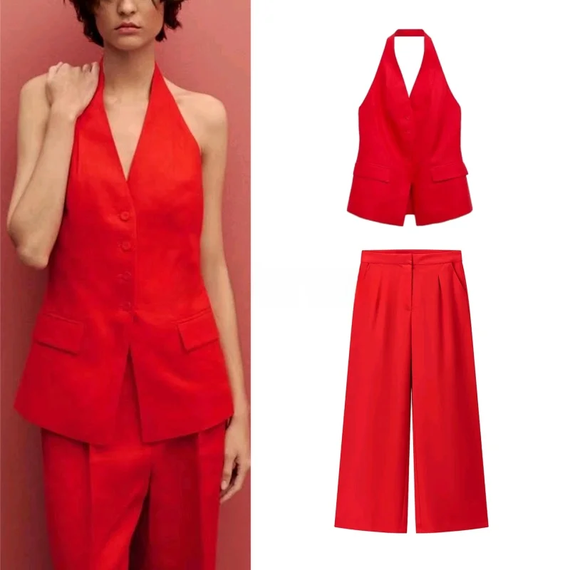 

Осенний новый женский повседневный комплект, льняной жилет с воротником-стойкой, длинные брюки с высокой талией, модный костюм из двух предметов для взрослых