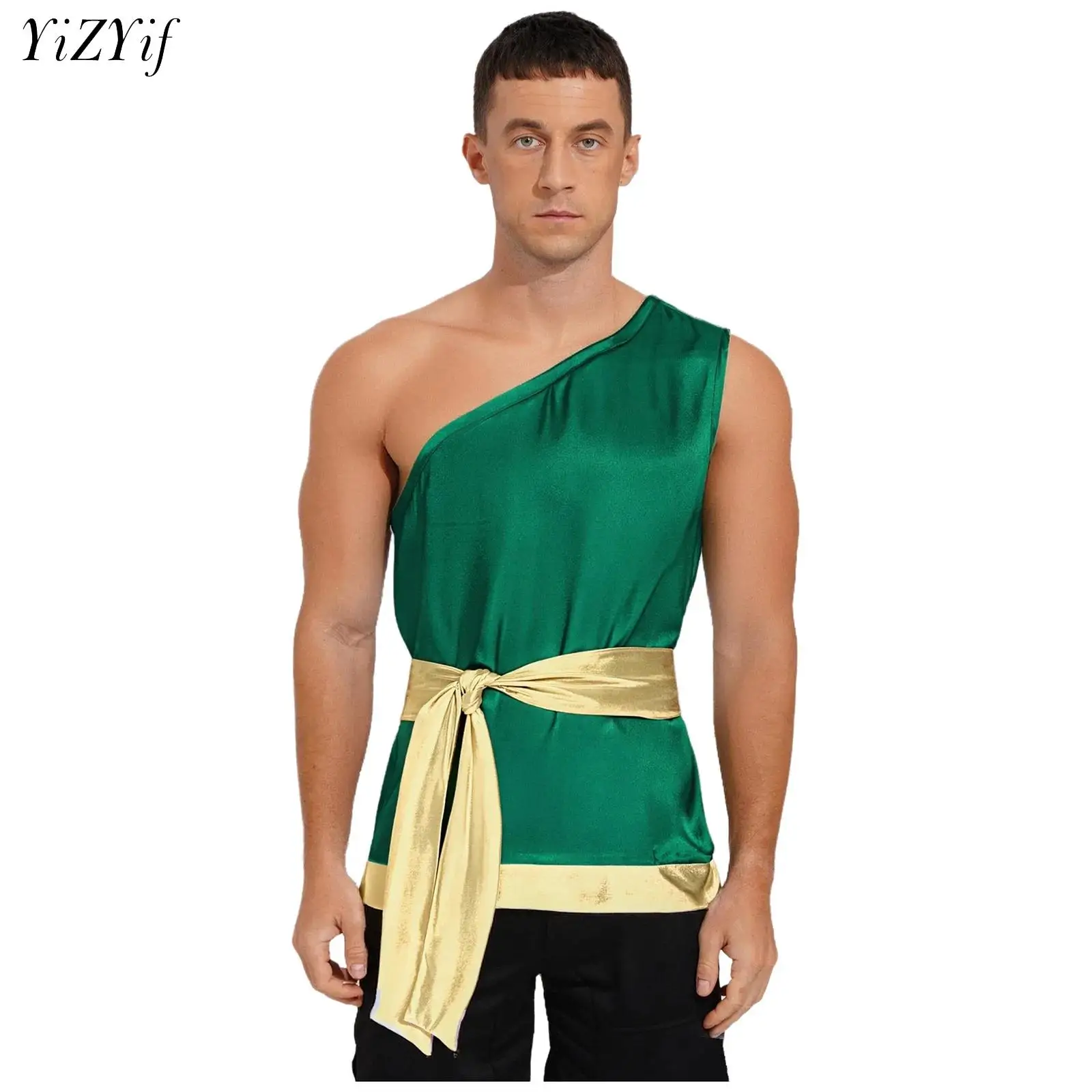 Men Church Choir Worship Liturgical Praise Dance Top Metallic Shiny Satiny Shirt Tops Lacing Waist Belt Modern Lyrical Dancewear