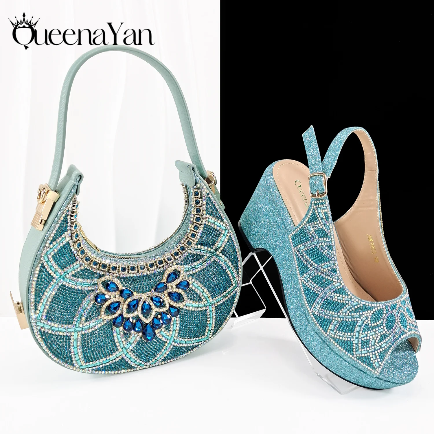 Queena Yan Sky Blue Elegant Nigerian Rhinestone Wedding Shoe and Bag Set Italian Inspired High Heels and Matching Handbag