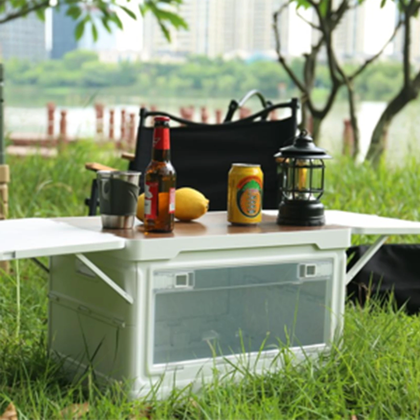 Multi functional covered storage folding box with swivel wheels, outdoor camping with table board storage box, plastic camping