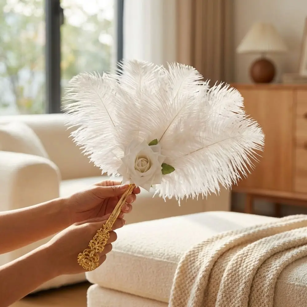 Gold Handle Ostrich Feather Fan Soft Fluffy Handmade Craft Chinese Hand Fan Fan Artificial Rose Cosplay Props Fan Wedding Events