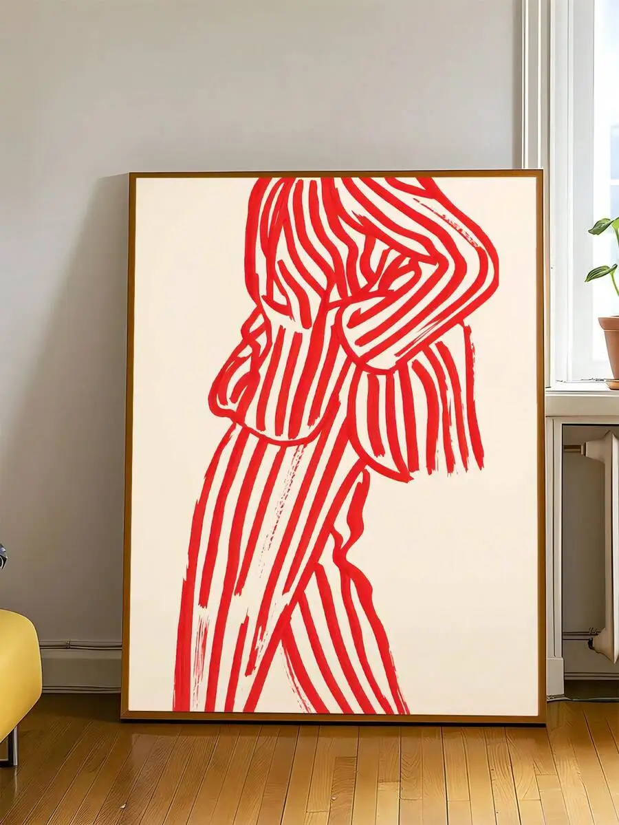1 Pair of Black and White Striped Printed Pants, Fashionable Line Art Poster, Bold Red Striped Suit Abstract Wall Painting