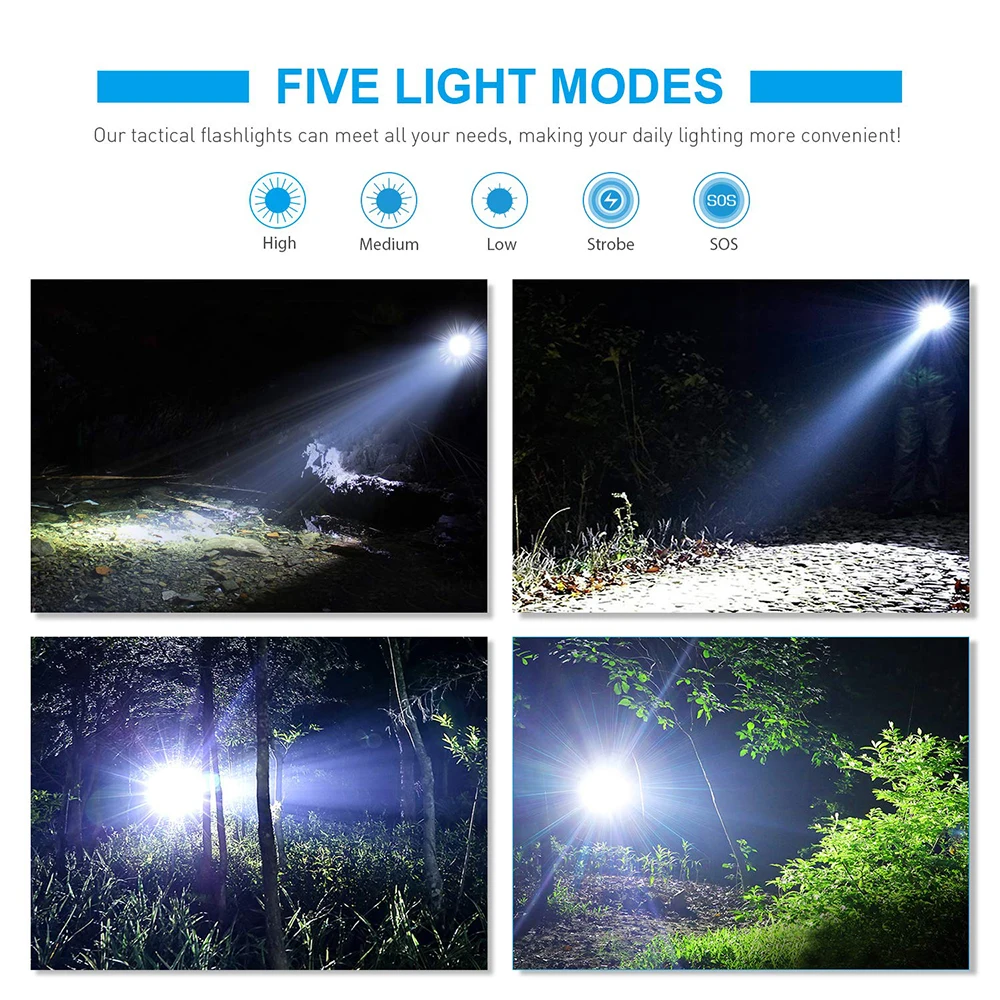 High Power Led Flashlights Camping Torch 5 Lighting Modes Aluminum Alloy Zoomable Light Waterproof Material Use 3 AAA Batteries