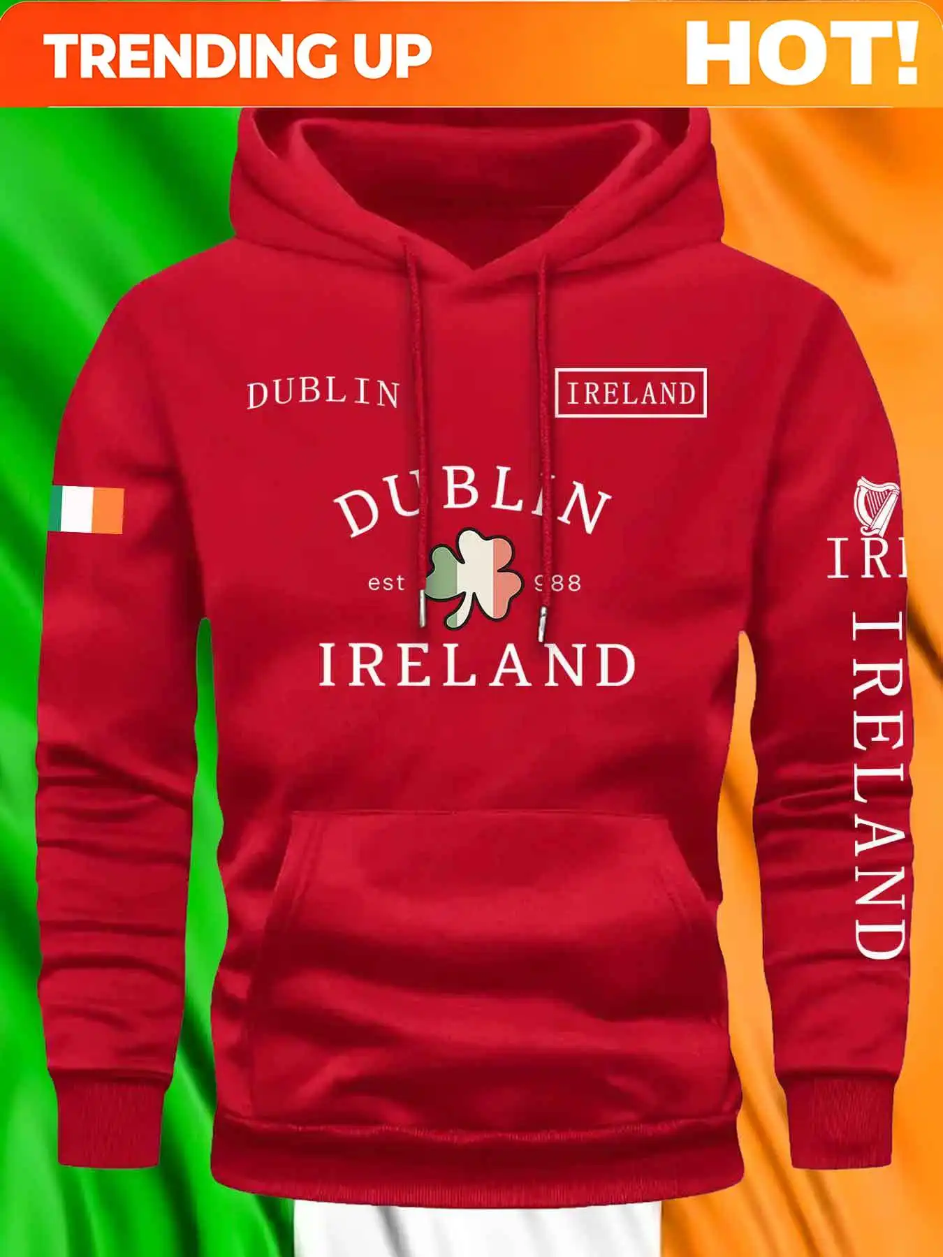 Customization Unisex Autumn Winter Hoodie - Irish Pride Graphic Print With Dublin & Ireland Text, Shamrock Design, Front Pockets