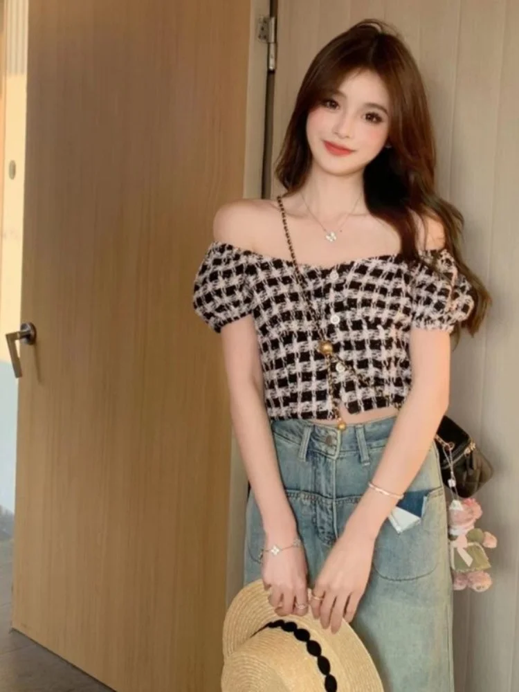 2024 Summer sweet girl High-end Fashion Plaid Slash Neck Shirts for Women Unique French Slim Top Casual  Partywear