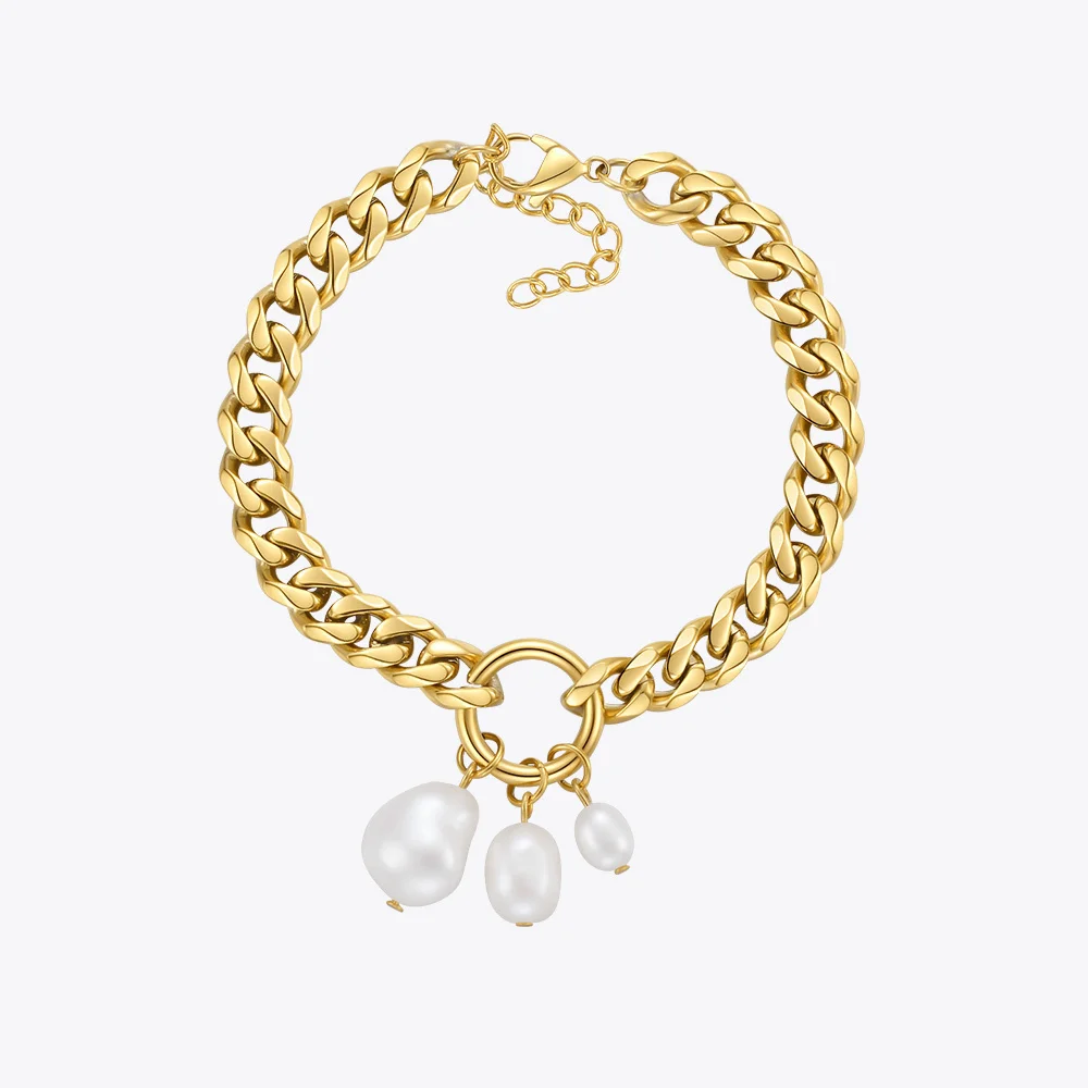 ENFASHION 3 Natural Pearls Wide Chain Bracelet For Women Stainless Steel Gold Color Bangle Fashion Jewelry Pulseras Party B2238