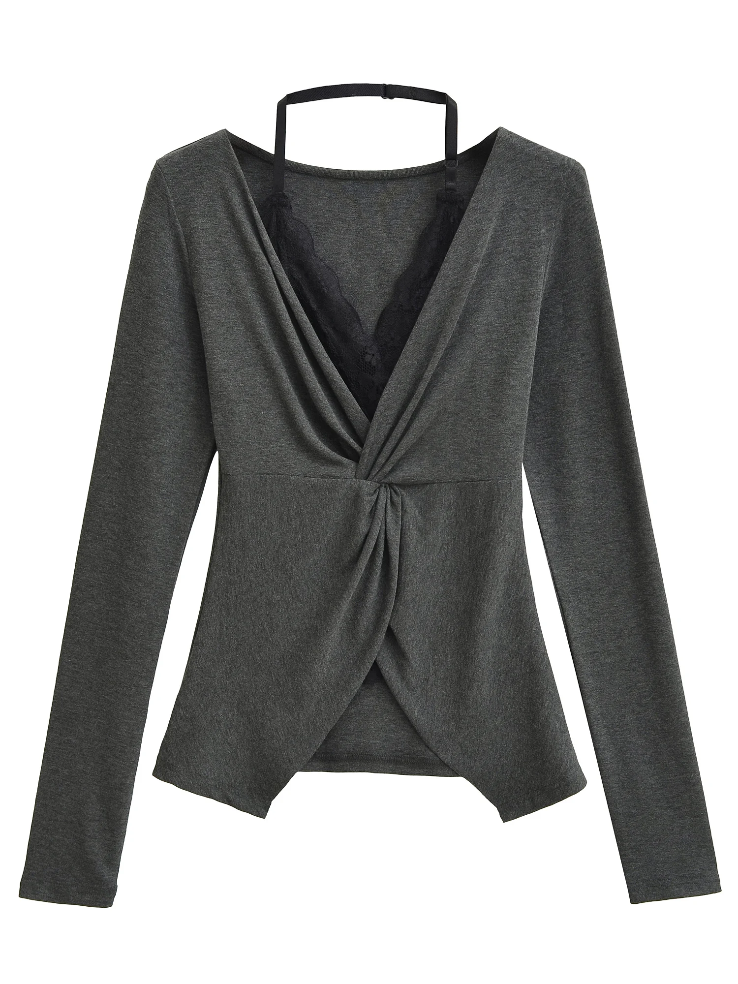 セクシーなアメリカンスタイル長袖Tシャツ レディースデザイン スリムフィット レースパネル Vネック ノットトップ ポリエステル綿スパンデックス混紡