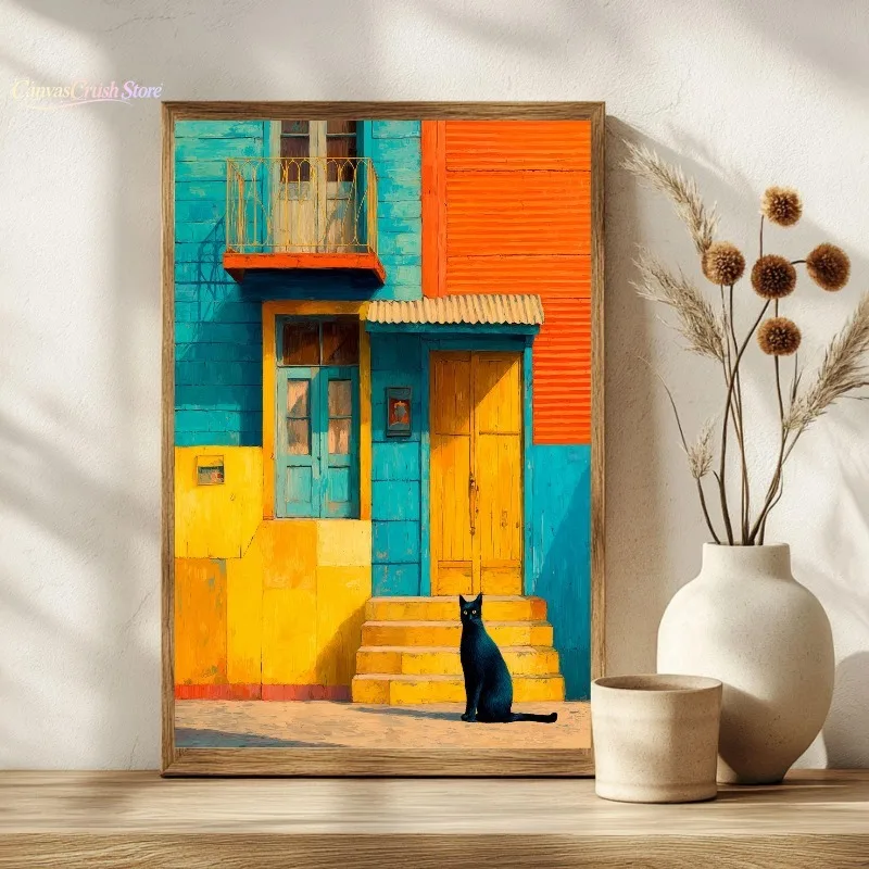 2026 frameless Summer Travel Mediterranean Coastal Luxury Villa Poster Tropical Beach Cat Canvas Painting Wall Art for Living