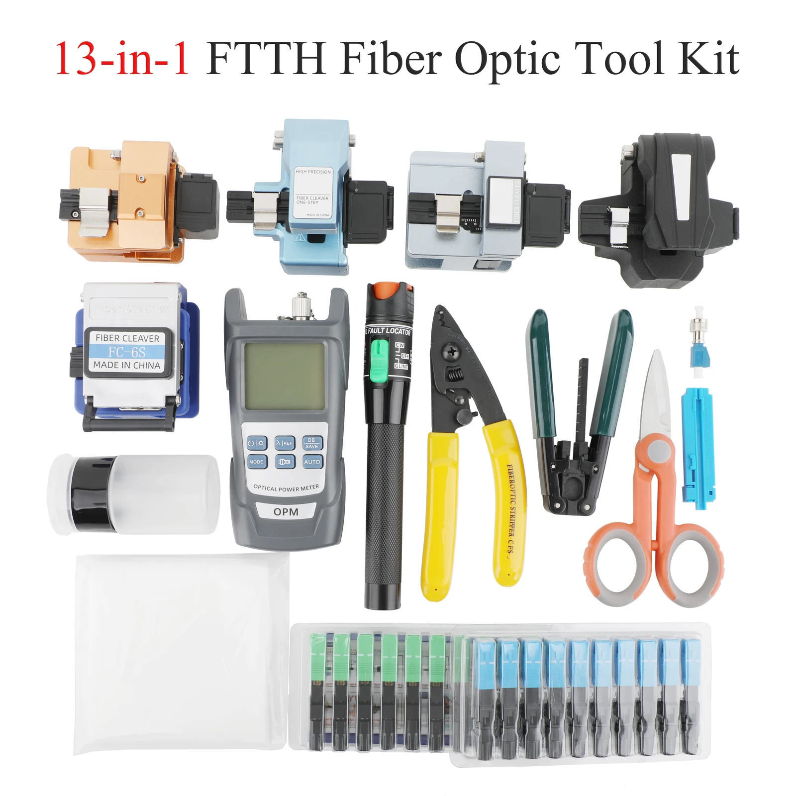 (10 في 1) تتضمن مجموعة أدوات اختبار إنهاء الألياف الضوئية: مقياس الطاقة الضوئية عالي الدقة من الألياف الضوئية وما إلى ذلك.