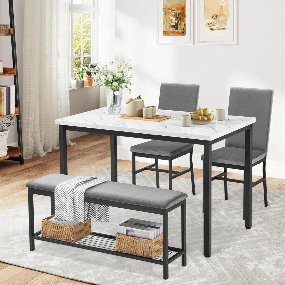 

4-seater Dining Table Set, 47.2-inch Cultured Marble Kitchen Dining Table Set with Upholstered Velvet Chairs and Benches