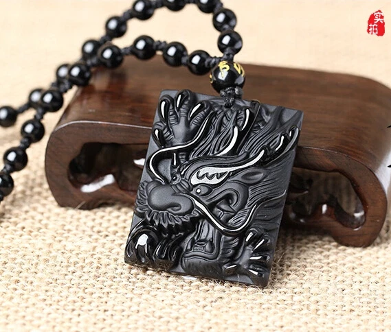 Natural Black Obsidian Carved Chinese Dragon Head Square Lucky Pendant Amulet Beads Necklace Trendy Vintage Gift Jewelry