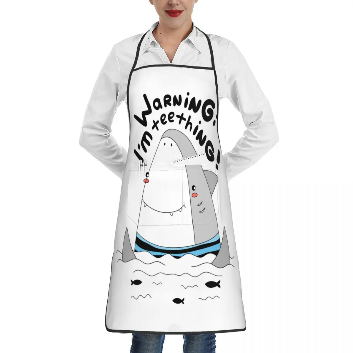 Cute Sweet Smiling White Shark Apron for Men Women Adult Kitchen Chef Bib Tablier Cuisine Cooking Baking Painting