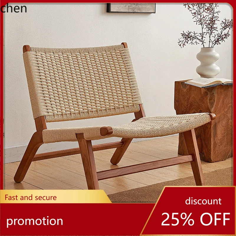 HT Solid Wood Sofa Chair Woven Backrest Chair Living Room Single Simple Balcony Leisure Chair Saddle Leather