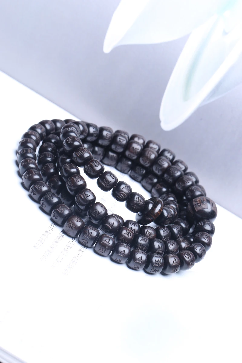 Natürliche Ebenholz tibetisch-buddhistische Gebetsmühle Mantra Perlen 8 mm x 9 mm 108 Perlen MALA Halskette – Detail 11