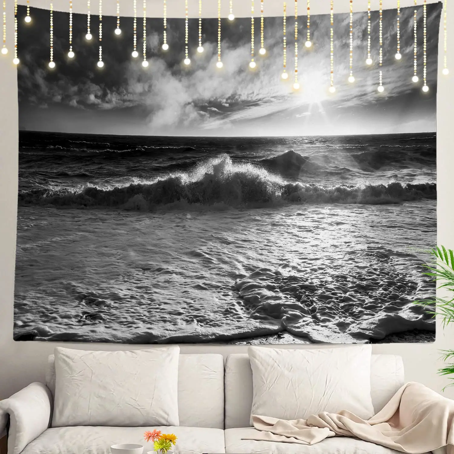 Ocean Wave Black＆White Tapestry,Ocean Black Nature Wall Hanging Large Tapestry Psychedelic Tapestry Bedroom Living Room Dorm