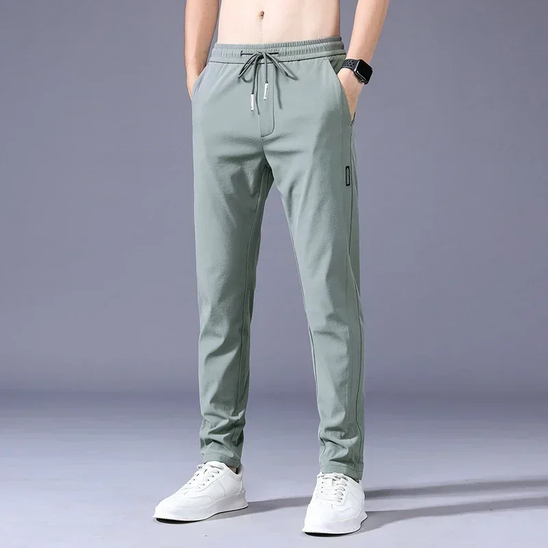 Summer Men\'s Casual Pants Thin Soft Elasticity Lace-up Waist Solid Color Pocket Applique Korea Grey Black Work Trousers Male