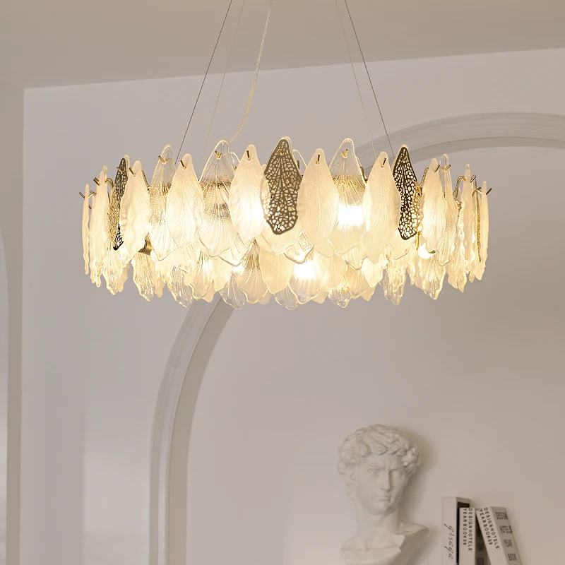 

French chandelier for the living room of a luxurious villa with glass duplex lighting design - main ceiling light in the hall