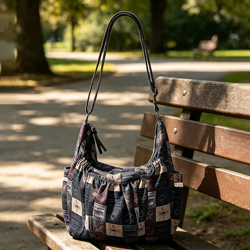 Sonnen-Mond-Stern-Print Patchwork Canvas Schultertasche, Vintage Handtasche mit Reißverschluss, Damen Pendler-Arbeitstasche Retro Leichte Tragetasche – Detail 8