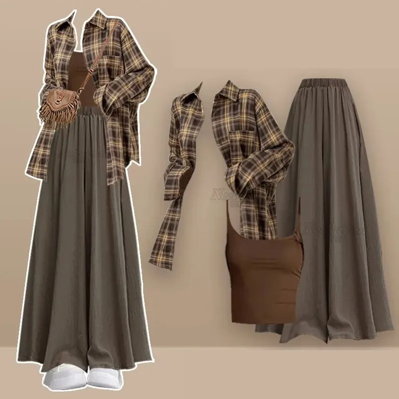 طقم نسائي جديد للربيع والصيف مكون من 3 قطع: قميص كاروهات واقي من الشمس + حزام + تنورة فضفاضة، بدلة أنيقة على الطراز الكوري