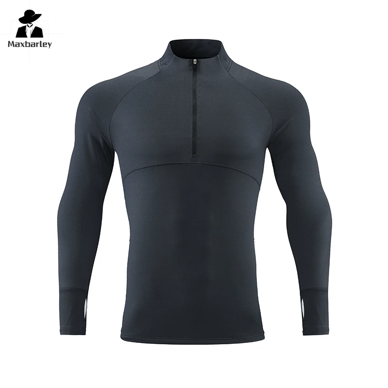 Fitness Long-sleeved T-shirt Men's Casual Handsome Quick-drying Jogging Half Zipper Tight Sweatshirt Autumn Stretch Base Shirt