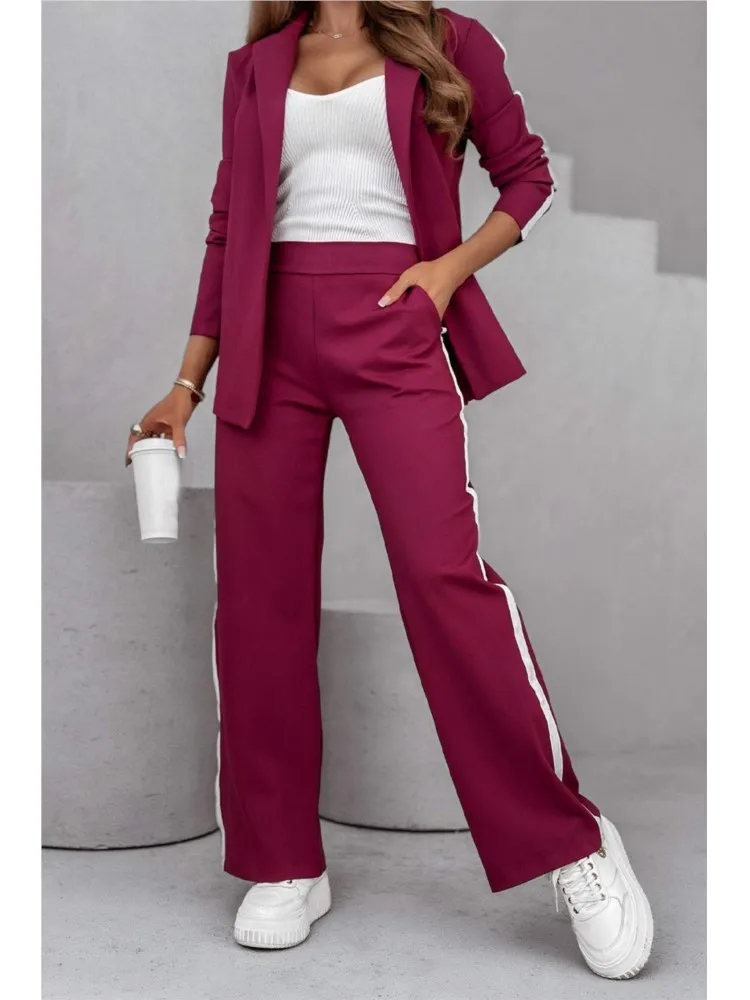 Women\'s Casual Lapel Suit Fashion Splicing Stripes Wide Leg Pant Autumn Winter New Female Suit Elegant Office Two-piece Sets