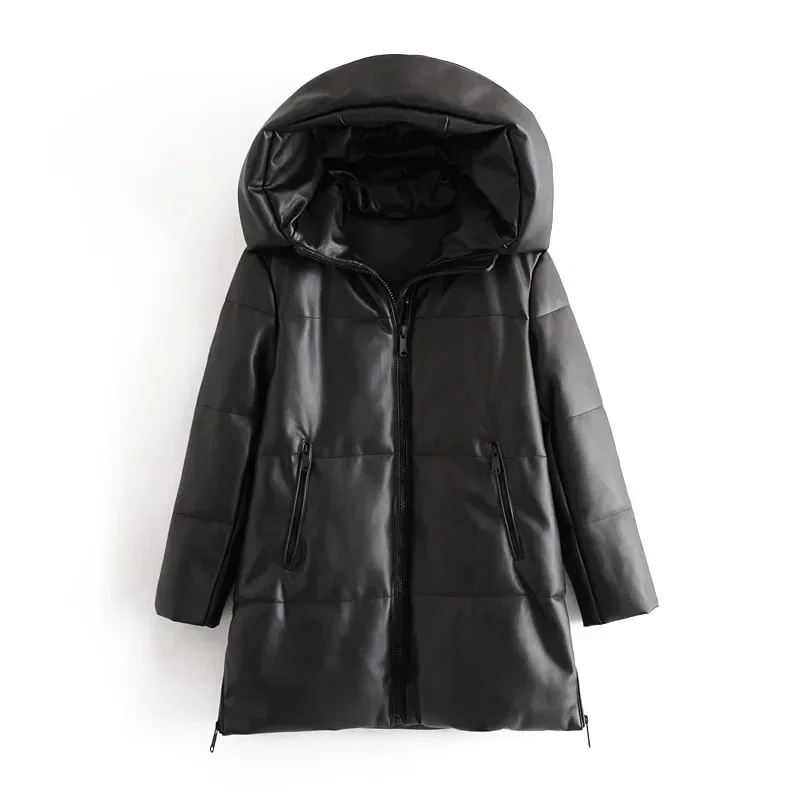 

Winter Imitation PU Leather Women's Loose Zipper Coat Casual Warm Mid-Length Coat Leather Hooded Cotton Jacket