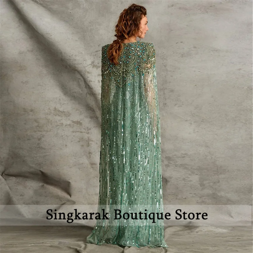 Exquisite Green Mermaid Beading Diamonds Elegant Birthday Robe Evening Gown With Cape Vestidos De Noche Customized