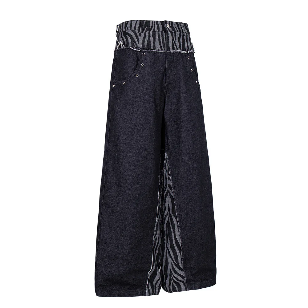 MWJLPWQ Men's Trendy Print Wide-Leg Jeans Punk Style Spliced Metal Decorate Unique Design Loose Fit Casual Long Pants 17223