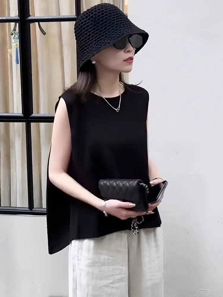 

ROUJE RSUA Summer Loose Casual round Ne Svel Ice Silk Knitted Vest Women's Sweet Sle Comfortable Fit T-irt