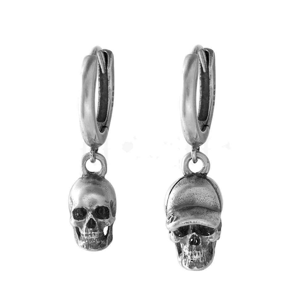 BOCAI NEW S925 Sterling Silver Retro Punk Halloween Skull Earrings Men's And Women's GiftsI