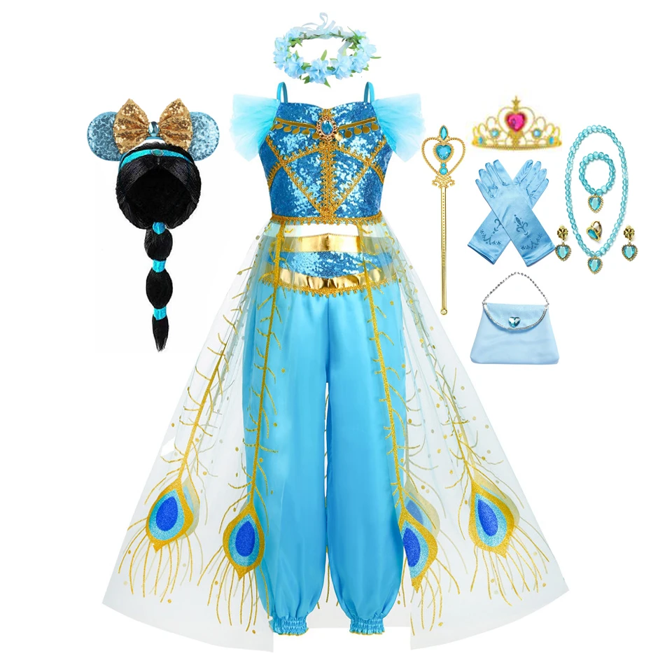 

Jasmine Costume for Girls Aladdin Princess Dress Up Birthday Party Cosplay Fantasy Carnival Clothing