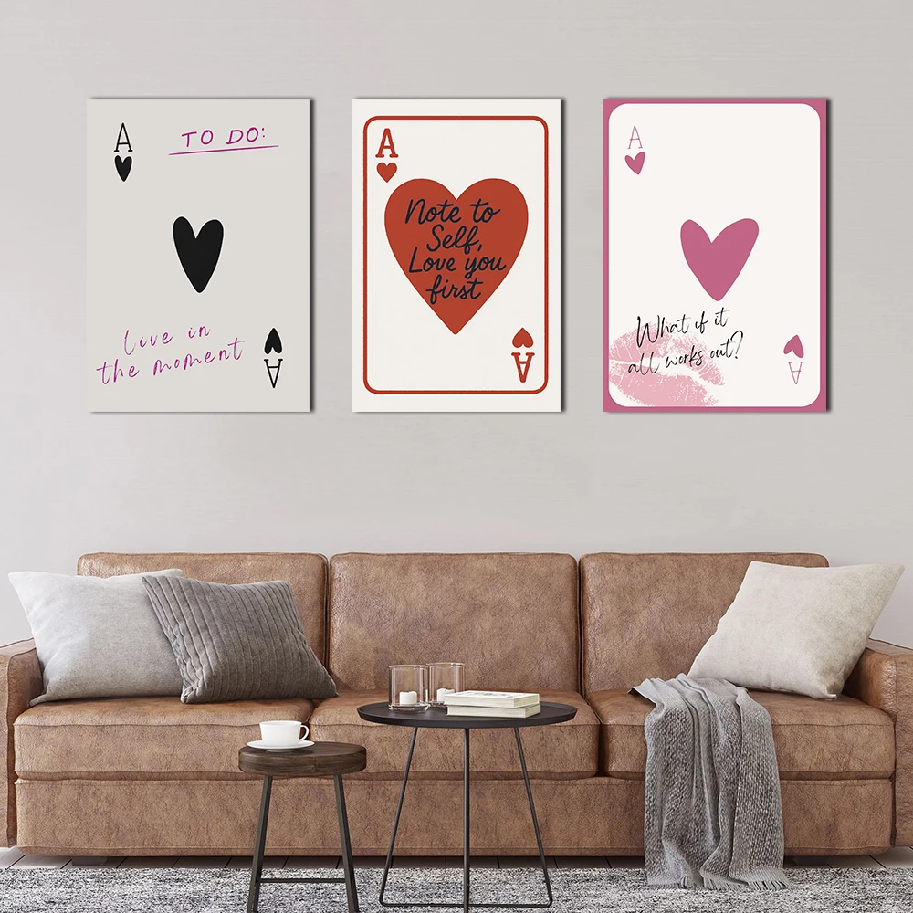 Ace Of Hearts Canvas Print Poster Motivational Quote Minimal Wall Art Pink Beige Black Lucky Picture Home Office Study Decor