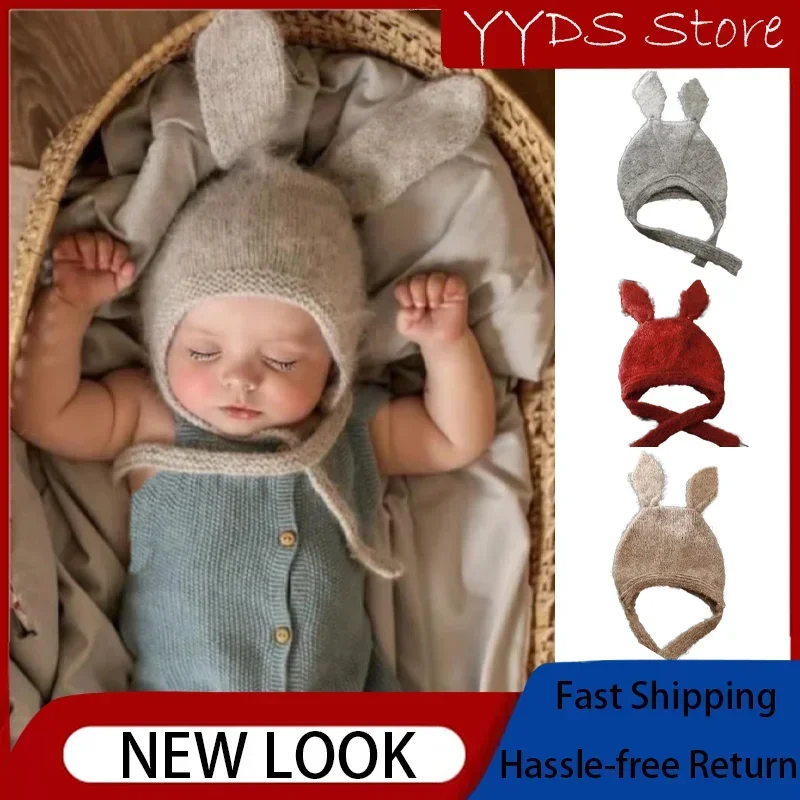 Newborn Rabbit Ear Hat Autumn and Winter Soft Wool Strap Ear Hat Kawaii Male and Female Baby Plush Long Earless Beanie