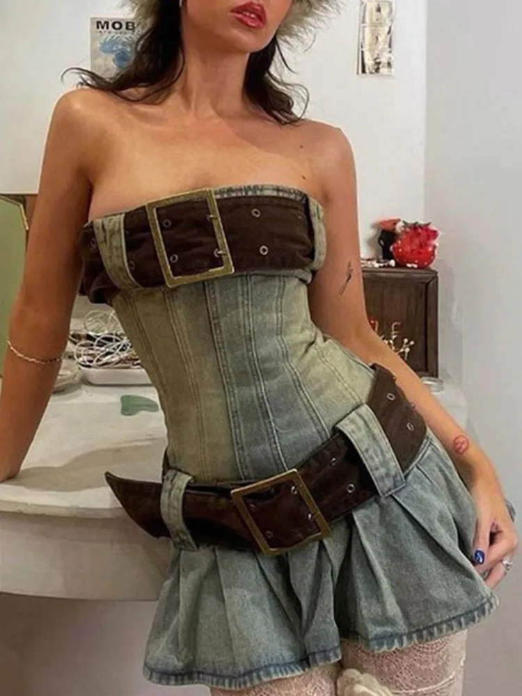 

Vintage Y2k Denim Dress Women Summer Off Shoulder Backless Corset Dress Female Fashion Slim Belt Pleated Party Club Mini Dresses