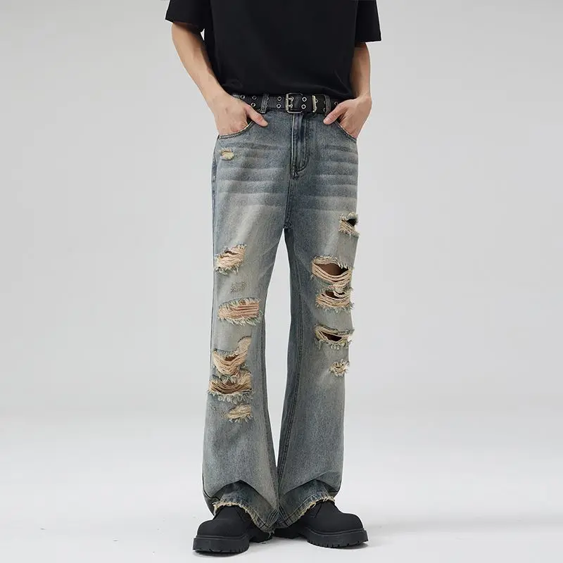 KSTUN ユーズド加工ジーンズ男性リッピングヒップホップバイクデニムパンツフレアパンツブーツカットメンズズボンヴィンテージ中空アウトほつれ