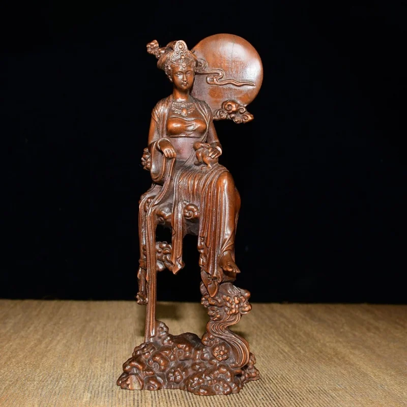 Hand Carved Boxwood Chang E Moon Goddess Figurine Vintage Wooden Oriental Beauty With Jade Rabbit Desktop Decor Craft Gift