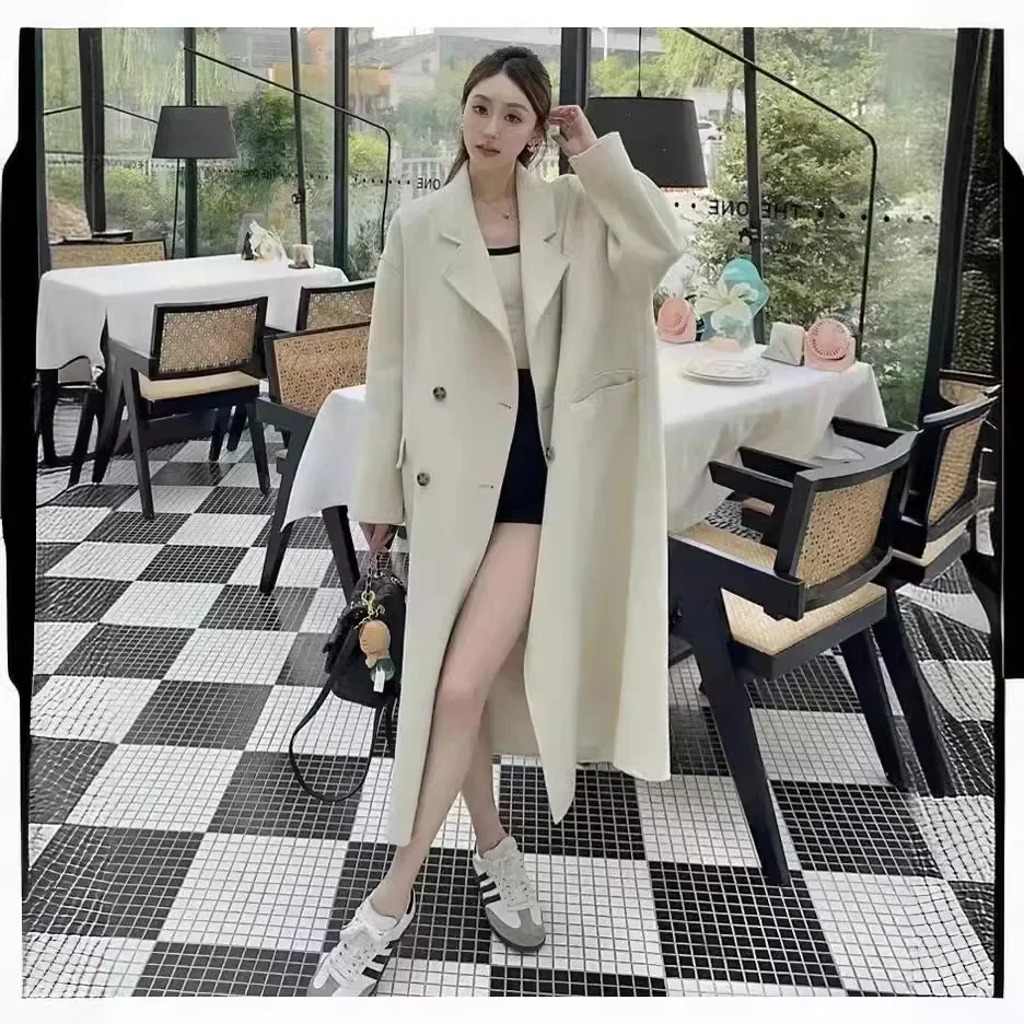 

[2023 Baby Camel Velvet] Hanxi Double-sided Wool Coat Double-breasted Simple Commuter Premium Wool Jacket Women